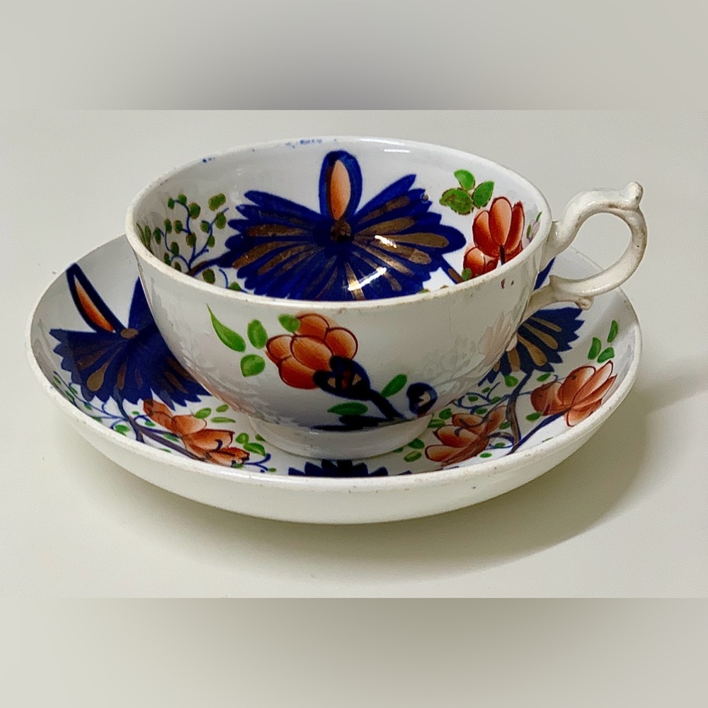 19th Century Antique Gaudy Welsh Butterfly Pattern Hand Painted Cup & Saucer Set